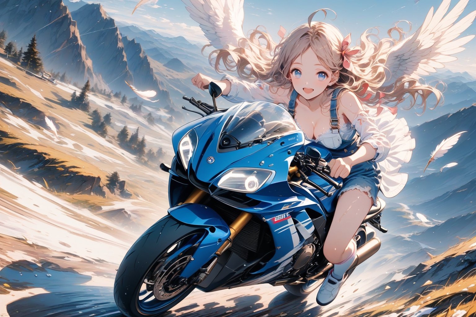 Masterpiece, beautiful details, perfect focus, uniform 8K wallpaper, high resolution, exquisite texture in every detail,
1 girl, solo, long hair, blue eyes, clear shining deep eyes, smile, happy, open mouth, mid-chest, cleavage, ahoge, double exposure, ((wet, outdoors, rides a motorcycle, sportbike, speed, overall view, one leg, ski jump from precipice,)),
looking at viewer, blushing, smile, bangs, blue eyes, blonde hair, long sleeves, dress, ribbons, Twintails, sitting, closed mouth, jacket, full body, hair ribbon, ruffles, open clothing, wings, shoes , socks, sleeveless dress, parted bangs, wavy hair, white footwear, white socks, feathered wings, pink ribbon, curly hair, angel wings, on the floor, white feathers, paintbrush, paint splatter, paint, palette \(object\), canvas \(object) \)