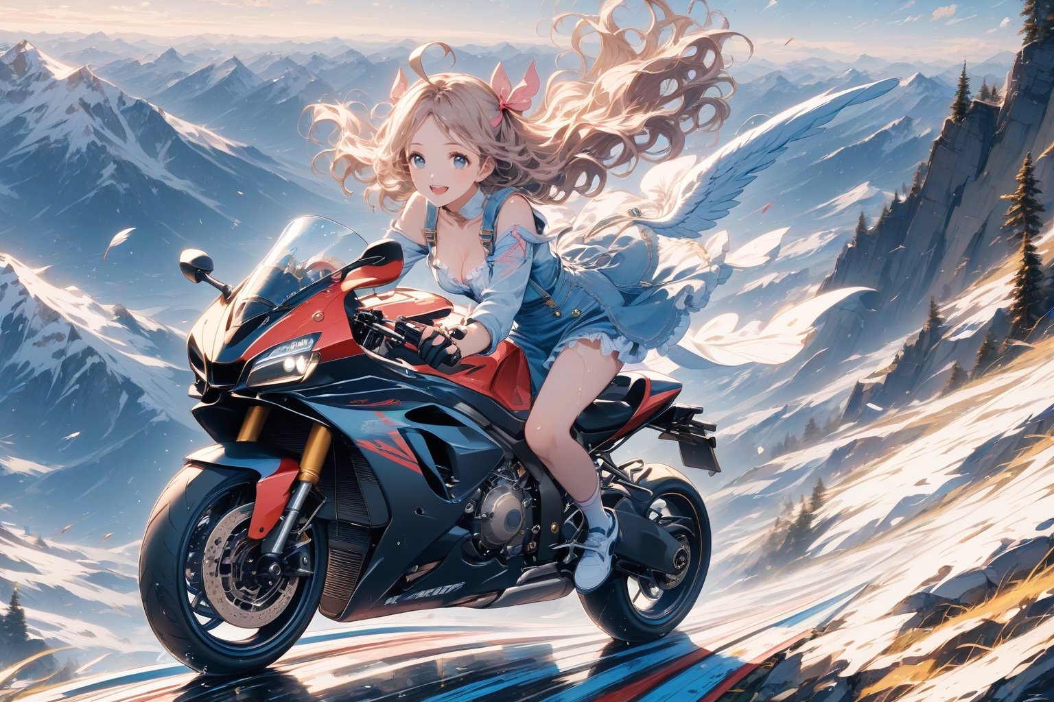 Masterpiece, beautiful details, perfect focus, uniform 8K wallpaper, high resolution, exquisite texture in every detail,
1 girl, solo, long hair, blue eyes, clear shining deep eyes, smile, happy, open mouth, mid-chest, cleavage, ahoge, double exposure, ((wet, outdoors, rides a motorcycle, sportbike, speed, overall view, one leg, ski jump from precipice,)),
looking at viewer, blushing, smile, bangs, blue eyes, blonde hair, long sleeves, dress, ribbons, Twintails, sitting, closed mouth, jacket, full body, hair ribbon, ruffles, open clothing, wings, shoes , socks, sleeveless dress, parted bangs, wavy hair, white footwear, white socks, feathered wings, pink ribbon, curly hair, angel wings, on the floor, white feathers, paintbrush, paint splatter, paint, palette \(object\), canvas \(object) \)