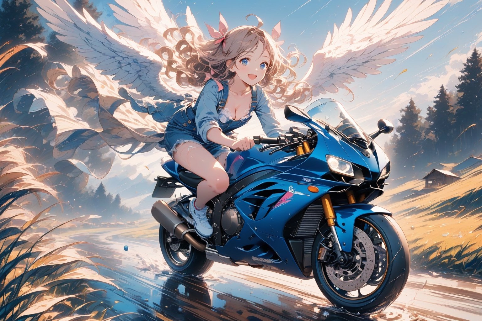 Masterpiece, beautiful details, perfect focus, uniform 8K wallpaper, high resolution, exquisite texture in every detail,
1 girl, solo, long hair, blue eyes, clear shining deep eyes, smile, happy, open mouth, mid-chest, cleavage, ahoge, double exposure, ((wet, outdoors, rides a motorcycle, sportbike, speed, overall view, one leg, jump on bike,)),
looking at viewer, blushing, smile, bangs, blue eyes, blonde hair, long sleeves, dress, ribbons, Twintails, sitting, closed mouth, jacket, full body, hair ribbon, ruffles, open clothing, wings, shoes , socks, sleeveless dress, parted bangs, wavy hair, white footwear, white socks, feathered wings, pink ribbon, curly hair, angel wings, on the floor, white feathers, paintbrush, paint splatter, paint, palette \(object\), canvas \(object) \)