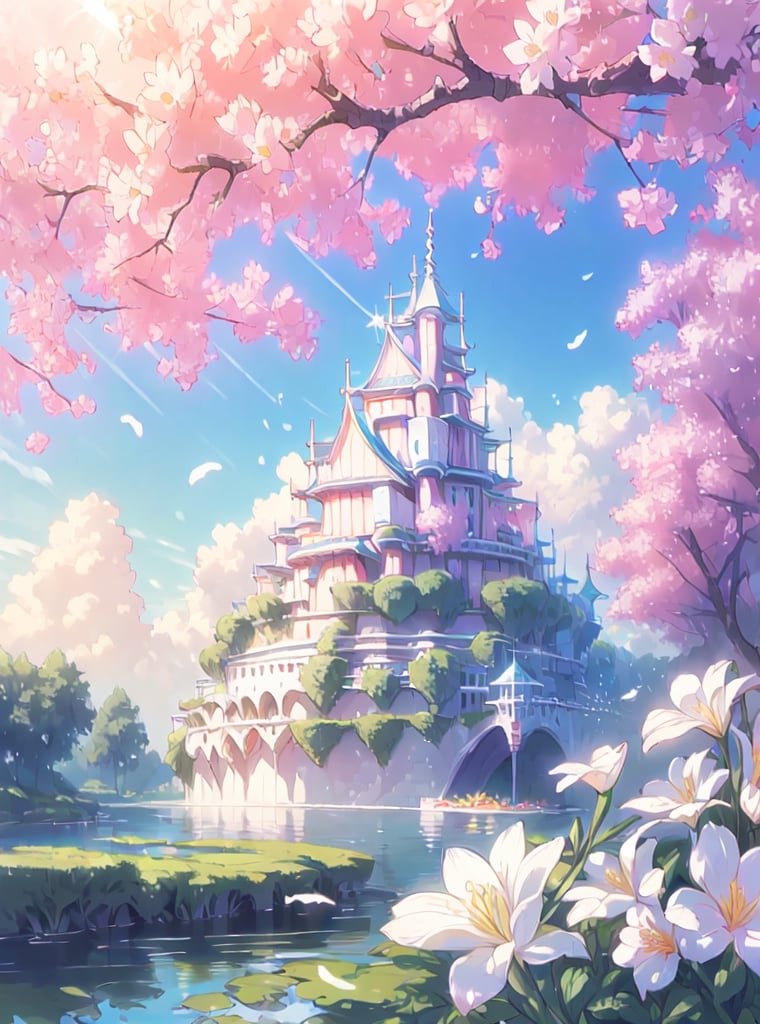 (extremely detailed CG unity 8k wallpaper),(((masterpiece))), (((best quality))), ((ultra-detailed)), (best illustration),(best shadow), ((an extremely delicate and beautiful)),dynamic angle,floating, fairyland,dynamic angle,sea of flowers,beautiful detailed garden,wind,classic,spring, (detailed light),feather, nature, (sunlight), river, forest,(((floating palace))),((the best building)),beautiful and delicate water,(painting),(sketch),(bloom),(shine)