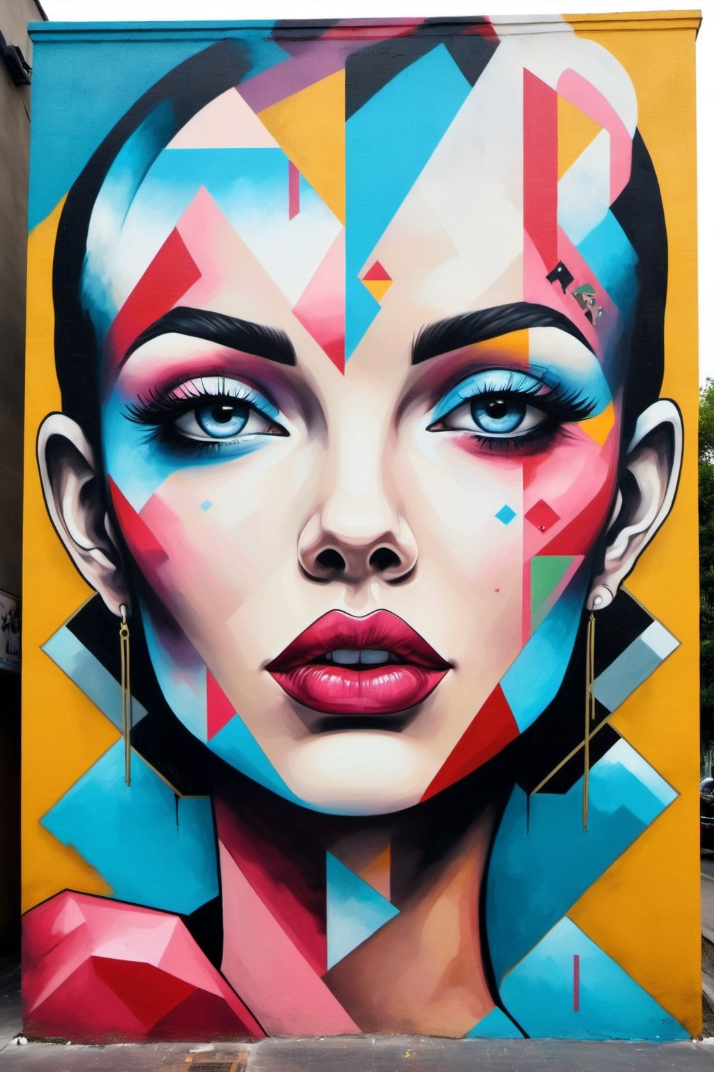 Street art, with its contemporary sensibility and a blend of geometric and surreal forms, conveys beauty,LinkGirl,DonM3l3m3nt4lXL,glitter