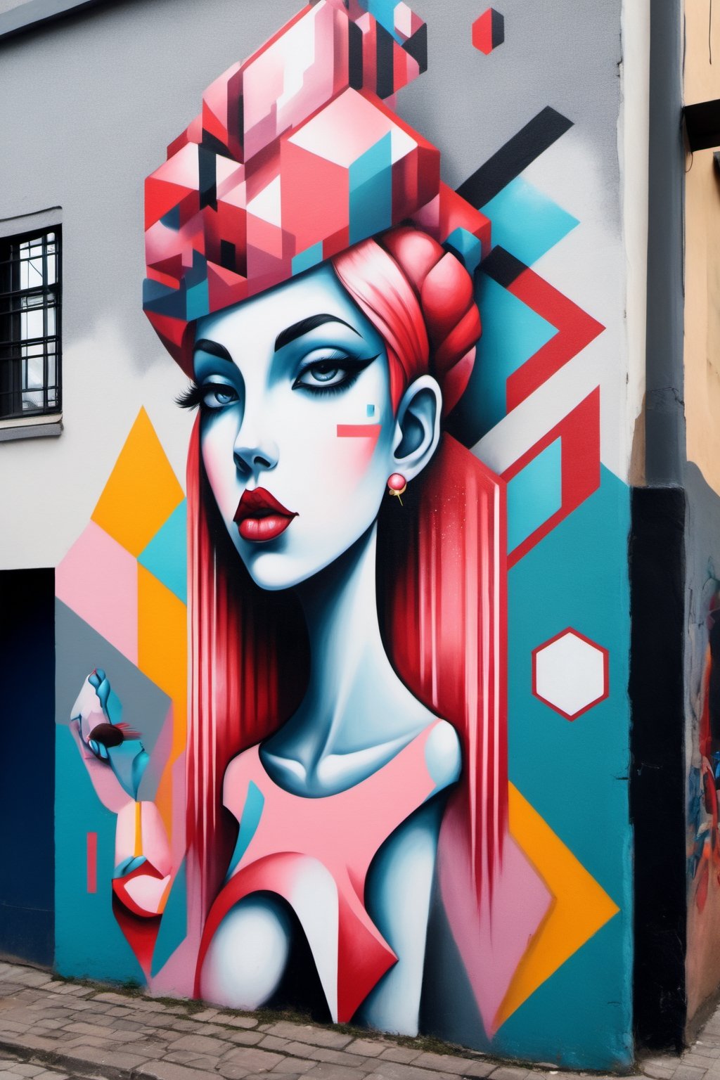 Street art, with its contemporary sensibility and a blend of geometric and surreal forms, conveys beauty,LinkGirl,DonM3l3m3nt4lXL,glitter,ach-ciloranko