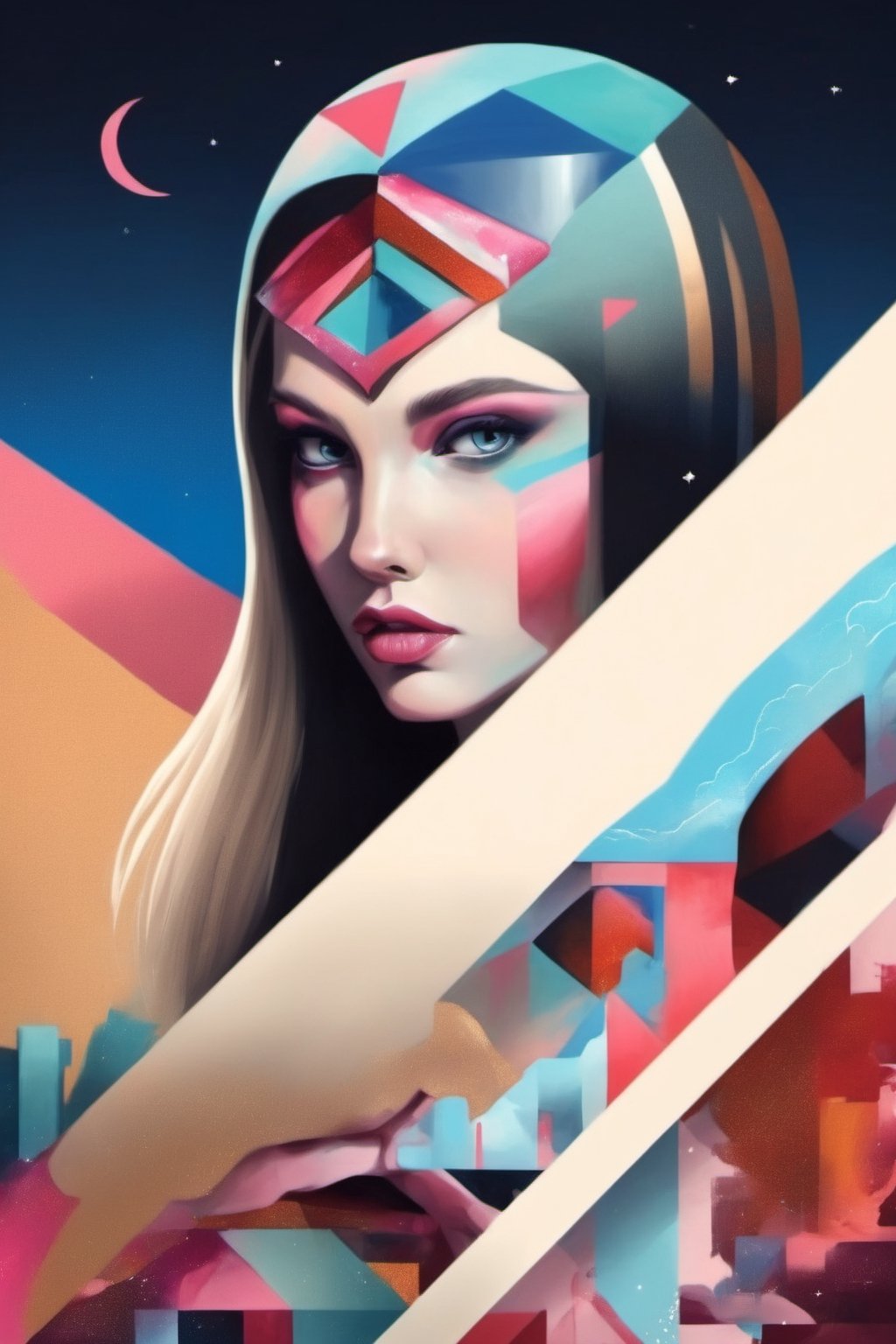 Street art, with its contemporary sensibility and a blend of geometric and surreal forms, conveys beauty,LinkGirl,DonM3l3m3nt4lXL,glitter