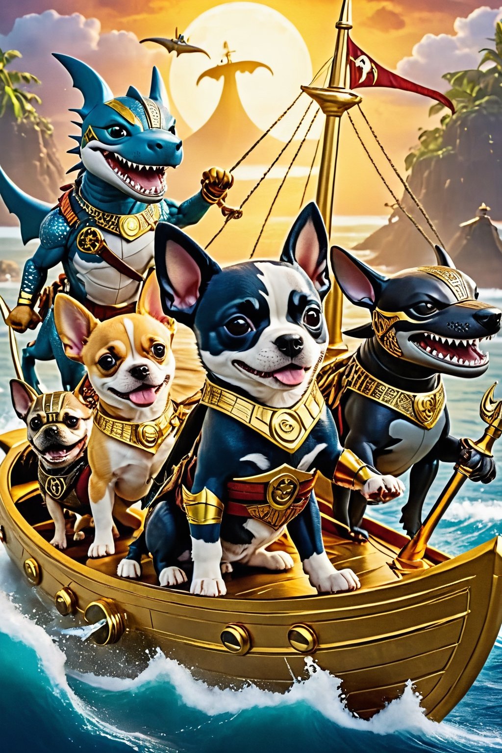  1 Dog warrior, Golden Pirats Dog, shark attack the piratedog ,comic book,BugCraft,moonster,Fairy, golden ships. golden boats, wakanda style, fighting,DonMW15pXL,Disney pixar style,dragon