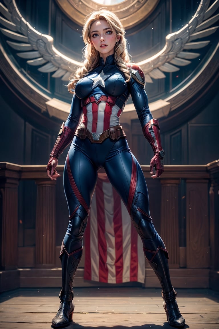 Elsa as Captain America, full body, standing pose, heroic pose,(masterpiece, best quality, ultra-detailed), (perfect hands, perfect anatomy), High detailed, detailed background, anatomically correct,uncensored, beautiful face, detailed hands, perfect eyes, expressive eyes, score_9, score_8_up, score_7_up, best quality, masterpiece, 4k,More Detail,Add more detail