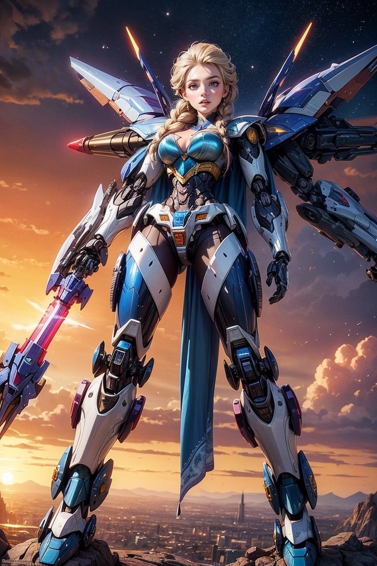 (Elsa:1.3) as a(mecha:1.6), sexy, flying, armor on chest, armor on shoulders, armor on arms, armor on legs, giant, full body, solo, heroic pose, in space,,(masterpiece, best quality, ultra-detailed), (perfect hands, perfect anatomy),  High detailed, anatomically correct,, beautiful face, detailed hands, perfect eyes, expressive eyes, score_9, score_8_up, score_7_up, best quality, masterpiece, 4k,More Detail,Add more detail, 