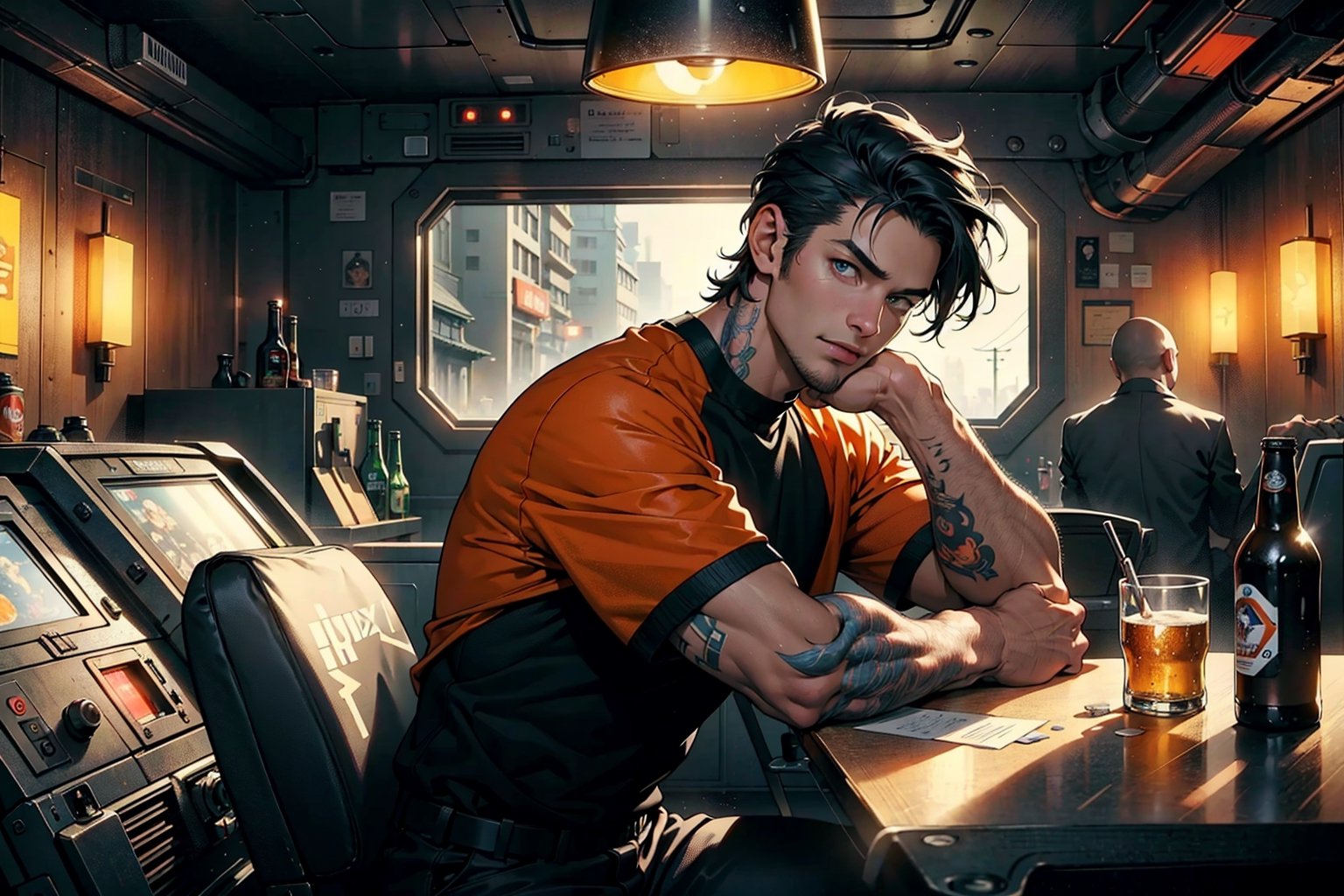 (masterpiece, best quality, ultra-detailed), (perfect hands, perfect anatomy), High detailed, detailed background, anatomically correct, beautiful face, detailed hands, perfect eyes, expressive eyes, score_9, score_8_up, score_7_up, best quality, masterpiece, 4k, 
A young martian soldier from TV show "The Expanse", drinking a beer, wearing trousers and orange t-shirt, sit at the table in the ship, short_hair, aesthetic_Hair, black_hair, Futuristic room