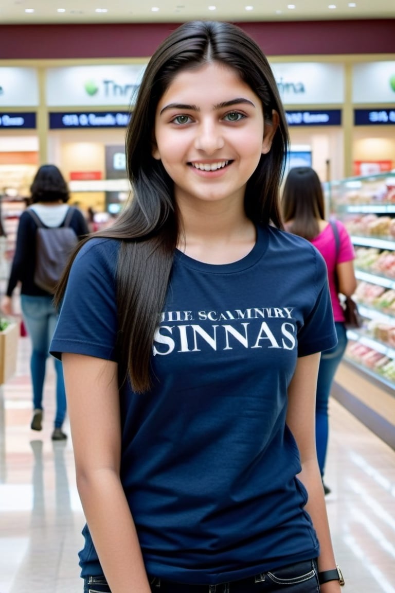 A photorealistic portrait of a youthful 18-year-old Indian female with white skin, captivating blue eyes, and sleek black hair. She is stylishly dressed in a comfortable t-shirt and jeans, enjoying a shopping trip at the mall. The image should be high-quality, detailed, full-body shot, capturing her in a candid moment with a relaxed, friendly expression, under warm, inviting indoor lighting.