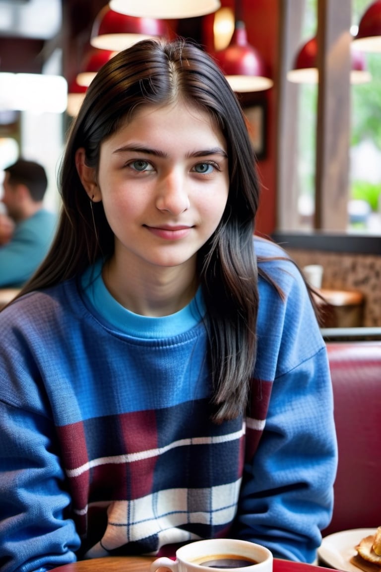 A photorealistic portrait of a youthful 18-year-old Indian female with white skin, captivating blue eyes, and sleek black hair. She is stylishly dressed in a comfortable red and blue checkerd sweatshirt and jeans, enjoying a cup of coffee at restaurant. The image should be high-quality, detailed, full-body shot, capturing her in a candid moment with a relaxed, friendly expression, under warm, inviting indoor lighting.