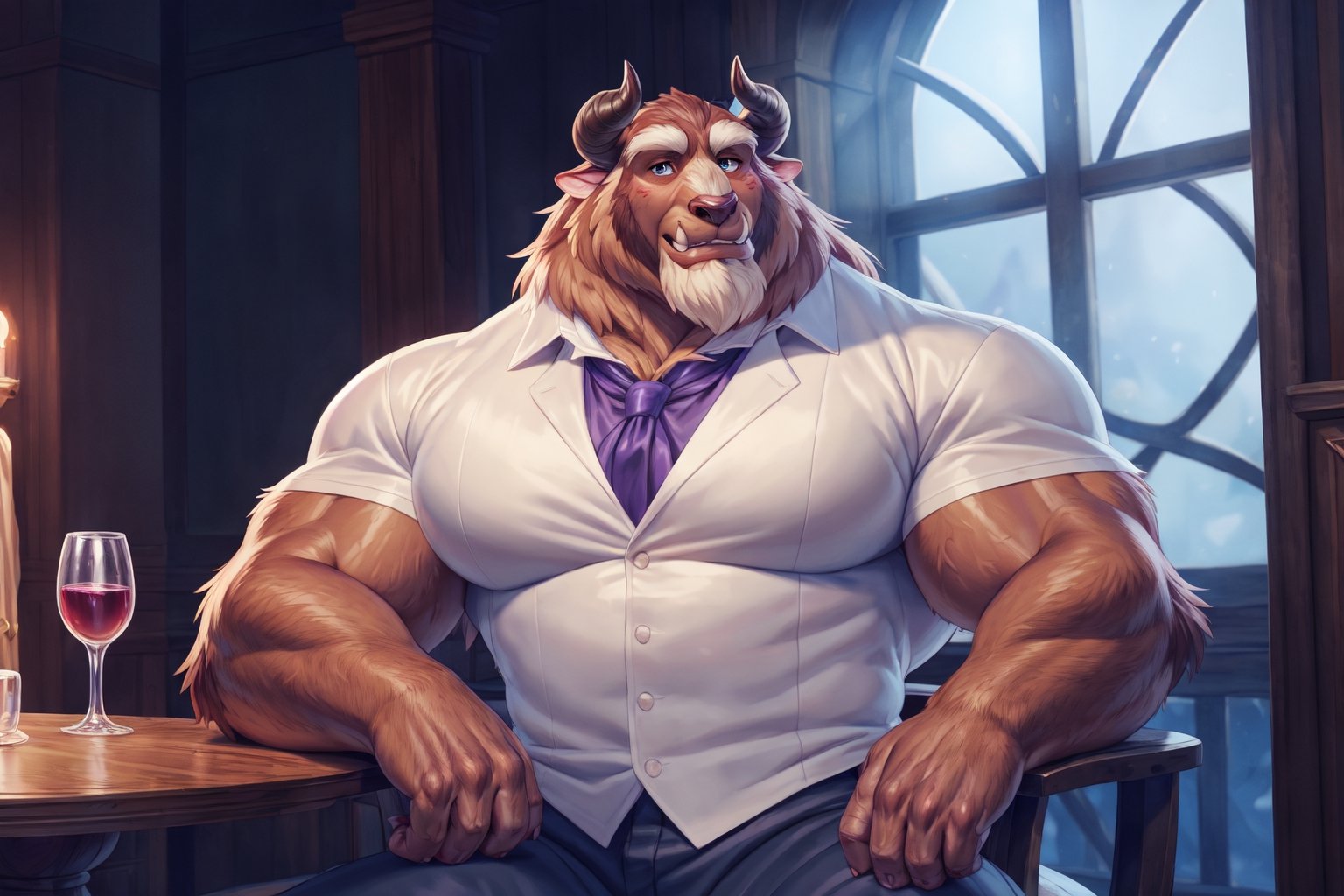 big chest, Navy blue three-piece suit with line pattern, fancy suit, buttoned white shirt, purple ruched cravat tie, Light purple vest with amoeba pattern, navy blue pants, big body, big size muscles, huge pecs, large body, gentleman, drinking a glass of wine, flexing his arm, At a gala, full body, hard blush, white fur, dark fur, red fur, indoors, (smirk), horns, full body, wolf legs, (by adios, by null-ghost), (photorealistic, hyper realistic, ultra detailed, ultra detailed background octane render, soft lighting, ultra detailed), best quality, good quality, beast (/disney/), soft lighting, ultra detailed), best quality, good quality, beast (/disney/),anthro,furry,photography, 8k, hi res,furry girl