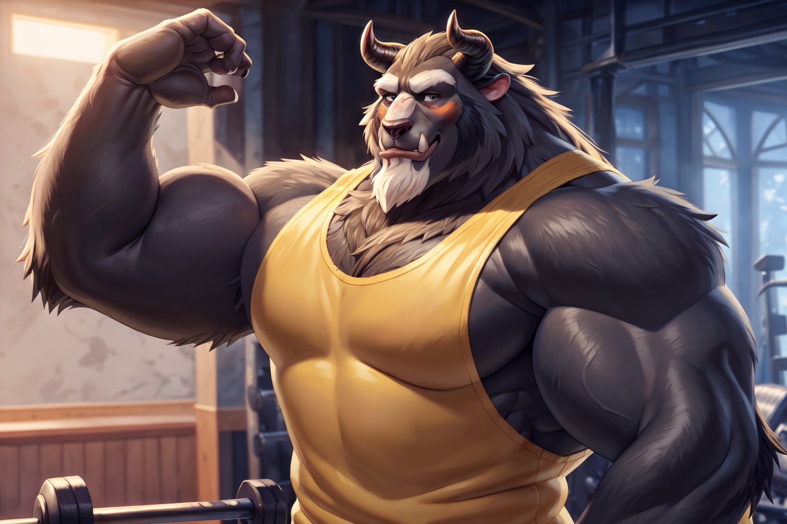 big chest, Navy blue tank tops mens, Navy blue and yellow color gym clothes, yellow pans gym whit a blue line, big body, big size muscles, huge pecs, large body, flexing his arm, At a gym, full body, hard blush, white fur, dark fur, red fur, indoors, (smirk), horns, full body, wolf legs, (by adios, by null-ghost), (photorealistic, hyper realistic, ultra detailed, ultra detailed background octane render, soft lighting, ultra detailed), best quality, good quality, beast (/disney/), soft lighting, ultra detailed), best quality, good quality, beast (/disney/),anthro,furry,photography, 8k, hi res,furry girl