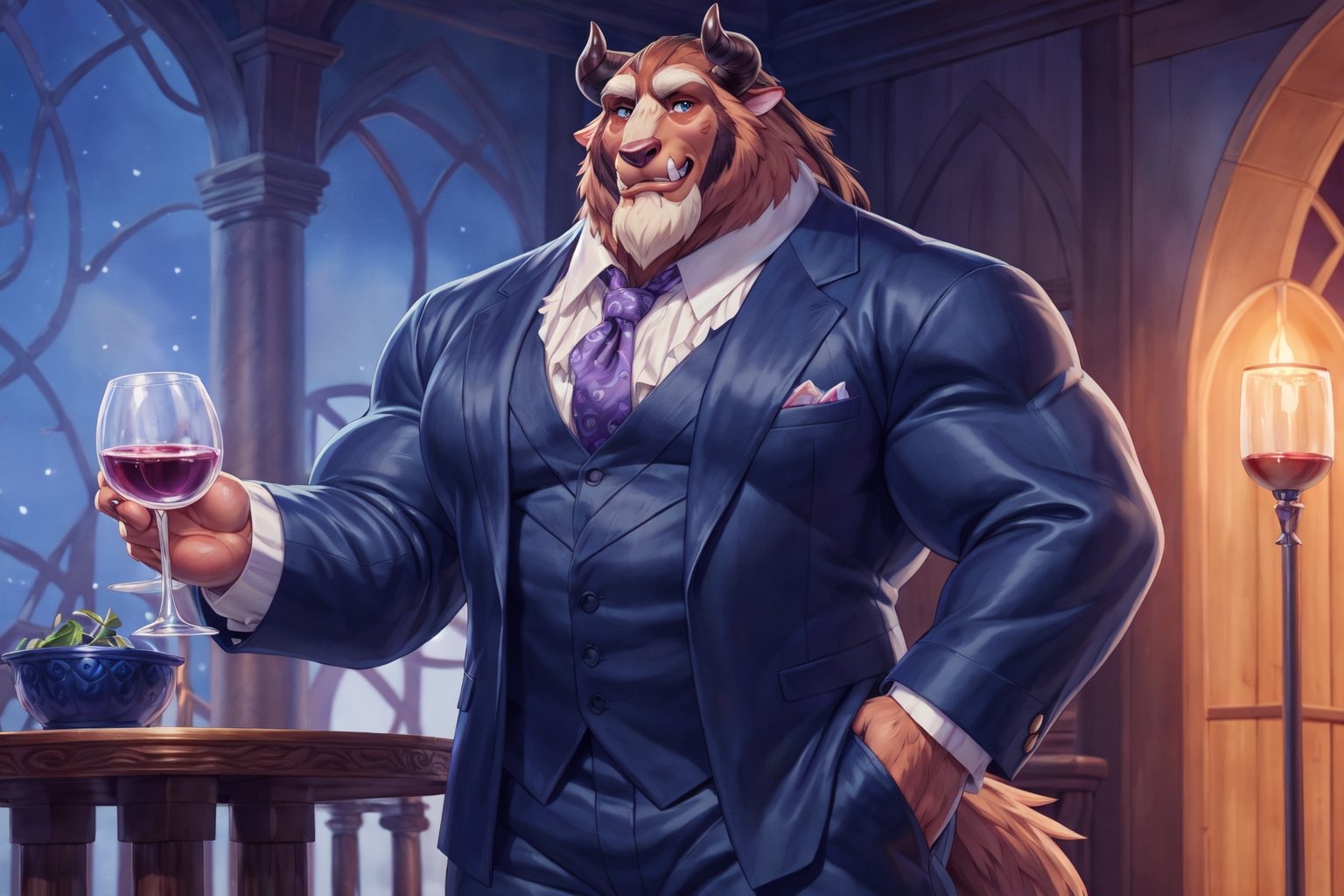 big chest, Navy blue three-piece suit with line pattern, fancy suit, buttoned white shirt, purple ruched cravat tie, Light purple vest with amoeba pattern, navy blue pants, big body, big size muscles, huge pecs, large body, gentleman, drinking a glass of wine, flexing his body, At a gala, full body, hard blush, white fur, dark fur, red fur, indoors, (smirk), horns, full body, wolf legs, (by adios, by null-ghost), (photorealistic, hyper realistic, ultra detailed, ultra detailed background octane render, soft lighting, ultra detailed), best quality, good quality, beast (/disney/), soft lighting, ultra detailed), best quality, good quality, beast (/disney/),anthro,furry,photography, 8k, hi res,furry girl