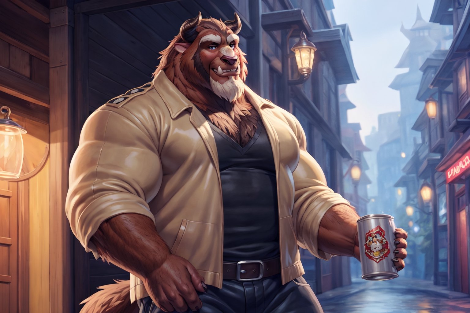 big chest, biker jacket, white polo shirt, Brown jacket, hairy chest, black motorcycle, navy blue pants, black belt, big body, big size muscles, huge pecs, large body, gentleman, drinking a can of beer, flexing his body, At a street, full body, hard blush, white fur, dark fur, red fur, indoors, (smirk), horns, full body, wolf legs, (by adios, by null-ghost), (photorealistic, hyper realistic, ultra detailed, ultra detailed background octane render, soft lighting, ultra detailed), best quality, good quality, beast (/disney/), soft lighting, ultra detailed), best quality, good quality, beast (/disney/),anthro,furry,photography, 8k, hi res,furry girl