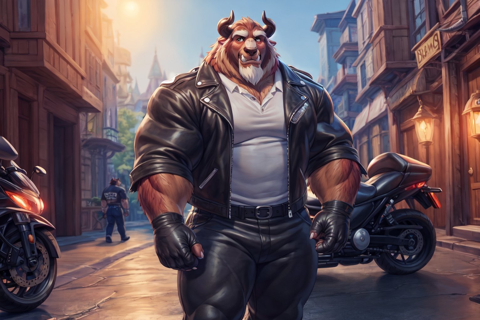 big chest, biker jacket, white polo shirt, dark brown jacket, hairy chest, dark gray fighting gloves, a motorcycle behind him, black motorcycle, navy blue pants, black belt, big body, big size muscles, huge pecs, large body, drinking a can of beer, flexing his body, At a street, full body, hard blush, white fur, dark fur, red fur, indoors, (smirk), horns, full body, wolf legs, (by adios, by null-ghost), (photorealistic, hyper realistic, ultra detailed, ultra detailed background octane render, soft lighting, ultra detailed), best quality, good quality, beast (/disney/), soft lighting, ultra detailed), best quality, good quality, beast (/disney/),anthro,furry,photography, 8k, hi res,furry girl