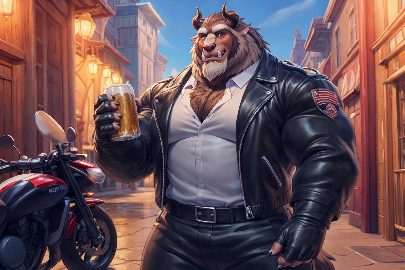 big chest, biker jacket, white polo shirt, dark brown jacket, hairy chest, dark gray fighting gloves, a motorcycle behind him, black motorcycle, navy blue pants, black belt, big body, big size muscles, huge pecs, large body, drinking a can of beer, flexing his body, At a street, full body, hard blush, white fur, dark fur, red fur, indoors, (smirk), horns, full body, wolf legs, (by adios, by null-ghost), (photorealistic, hyper realistic, ultra detailed, ultra detailed background octane render, soft lighting, ultra detailed), best quality, good quality, beast (/disney/), soft lighting, ultra detailed), best quality, good quality, beast (/disney/),anthro,furry,photography, 8k, hi res,furry girl