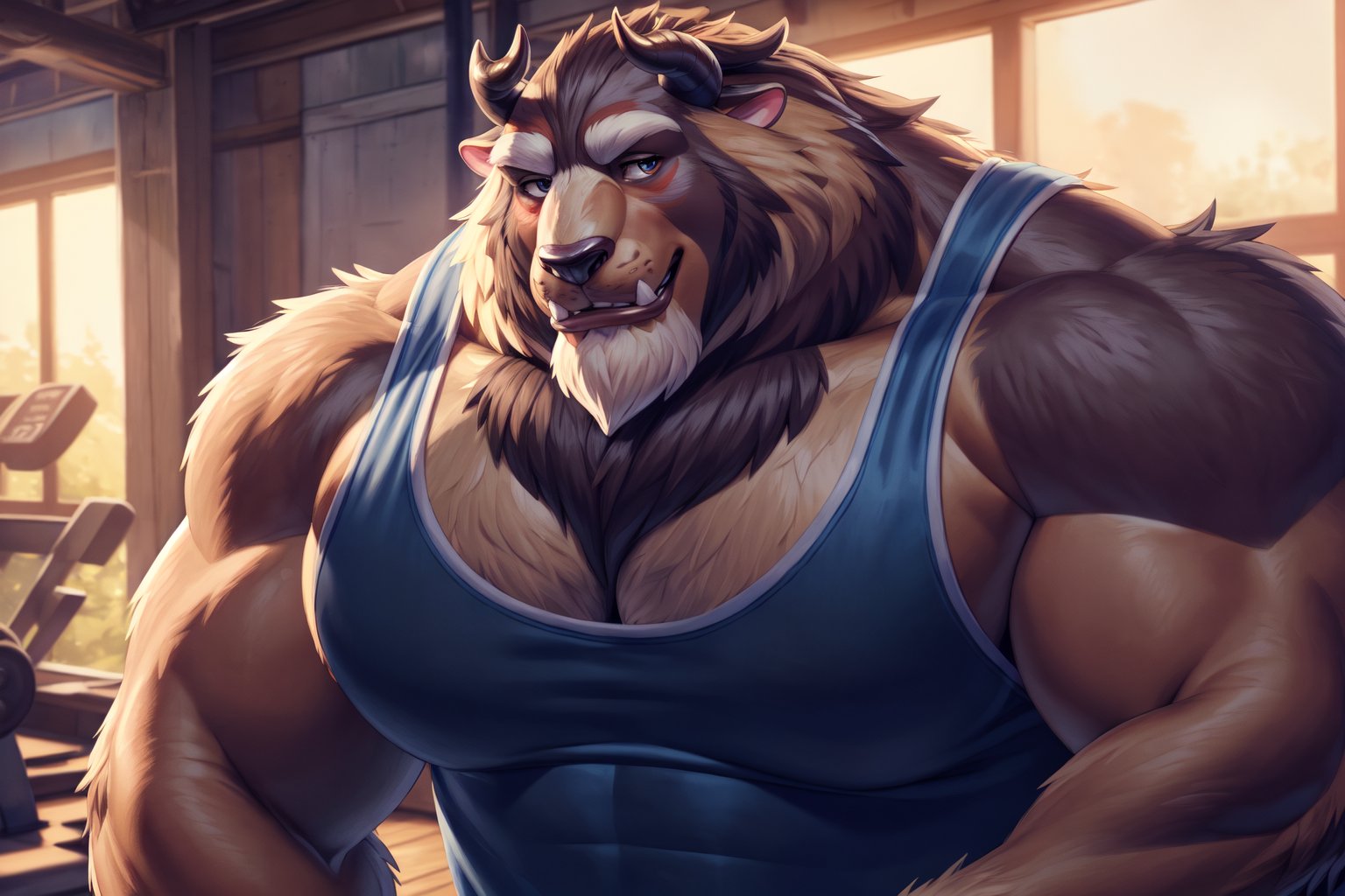 big chest, Navy blue tank tops mens, Navy blue and yellow color gym clothes, yellow pans gym whit a blue line, big body, big size muscles, huge pecs, large body, flexing his arm, At a gym, full body, hard blush, white fur, dark fur, red fur, indoors, (smirk), horns, full body, wolf legs, (by adios, by null-ghost), (photorealistic, hyper realistic, ultra detailed, ultra detailed background octane render, soft lighting, ultra detailed), best quality, good quality, beast (/disney/), soft lighting, ultra detailed), best quality, good quality, beast (/disney/),anthro,furry,photography, 8k, hi res,furry girl
