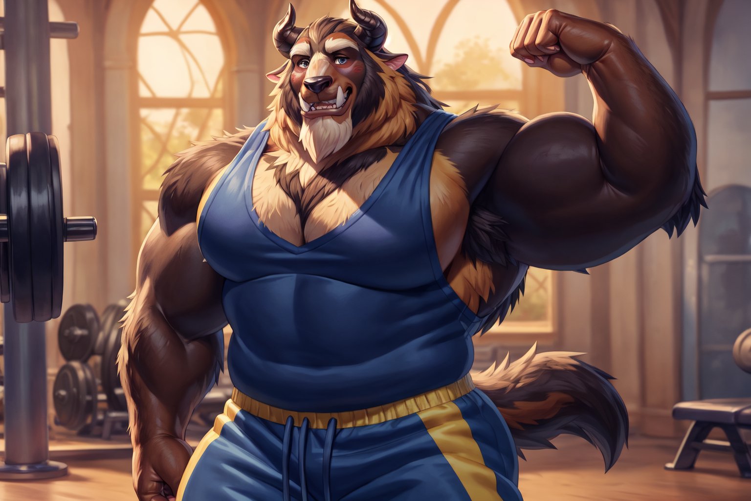 big chest, Navy blue tank tops mens, Navy blue and yellow color gym clothes, yellow gym pants whit a blue line, black gym gloves, big body, big size muscles, huge pecs, large body, flexing his arm, At a gym, full body, hard blush, white fur, dark fur, red fur, indoors, (friendly smile), horns, full body, wolf legs, (by adios, by null-ghost), (photorealistic, hyper realistic, ultra detailed, ultra detailed background octane render, soft lighting, ultra detailed), best quality, good quality, beast (/disney/), soft lighting, ultra detailed), best quality, good quality, beast (/disney/),anthro,furry,photography, 8k, hi res,furry girl