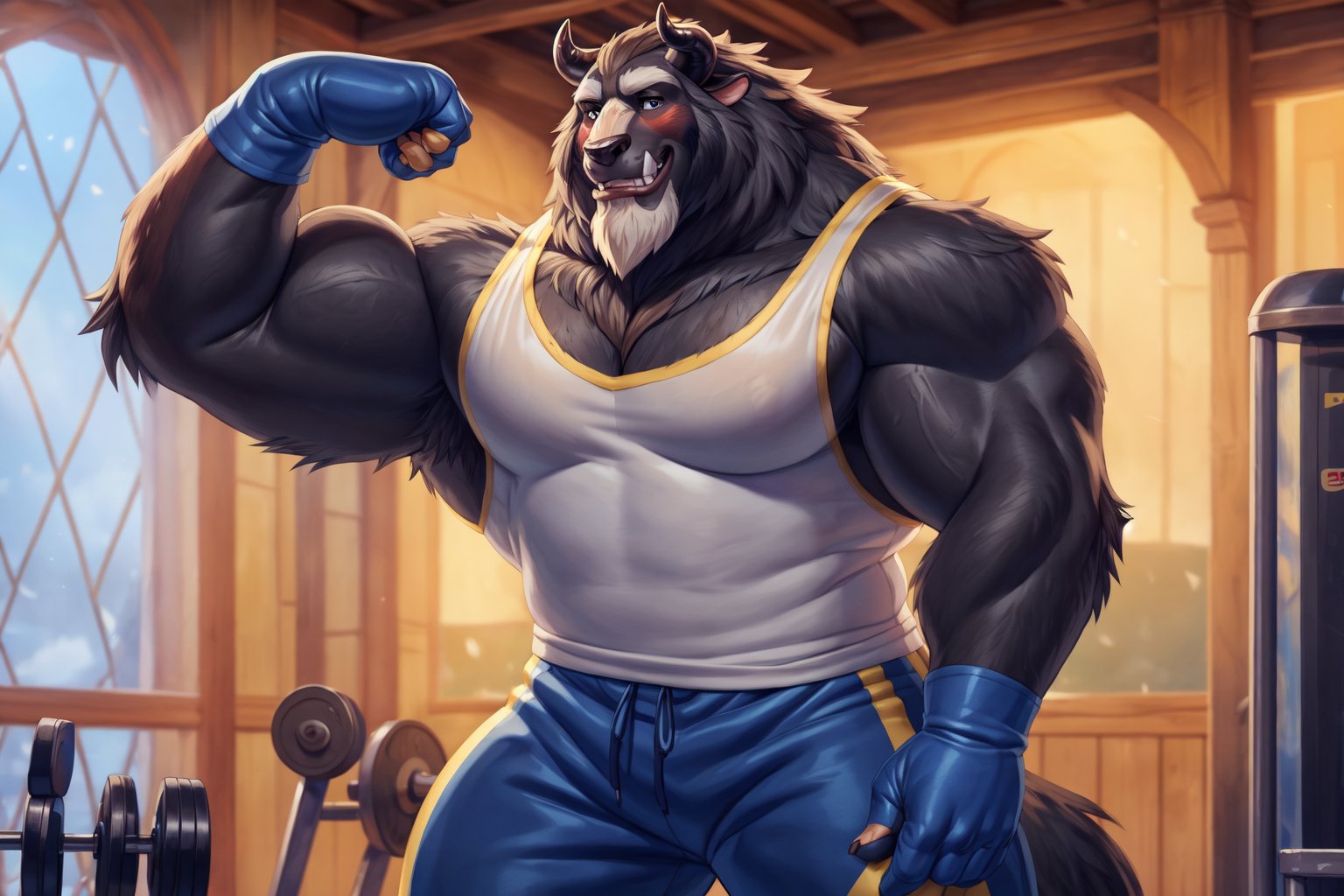 big chest, Navy blue tank tops mens, Navy blue and yellow color gym clothes, yellow gym pants whit a blue line, black gym gloves, big body, big size muscles, huge pecs, large body, flexing his arm, At a gym, full body, hard blush, white fur, dark fur, red fur, indoors, (friendly smile), horns, full body, wolf legs, (by adios, by null-ghost), (photorealistic, hyper realistic, ultra detailed, ultra detailed background octane render, soft lighting, ultra detailed), best quality, good quality, beast (/disney/), soft lighting, ultra detailed), best quality, good quality, beast (/disney/),anthro,furry,photography, 8k, hi res,furry girl