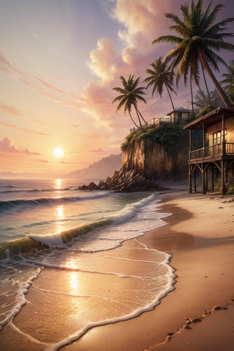 cliffbuilding, (sea bay), beach, palm tree, sunset, orange sky, cloud, (masterpiece),(ultra-detailed), (highly detailed CG illustration),(expressionless), (best quality:1.1), High quality texture, intricate details, detailed texture, High quality shadow, Cinematic Light, Depth of field, light source contrast, perspective,20s