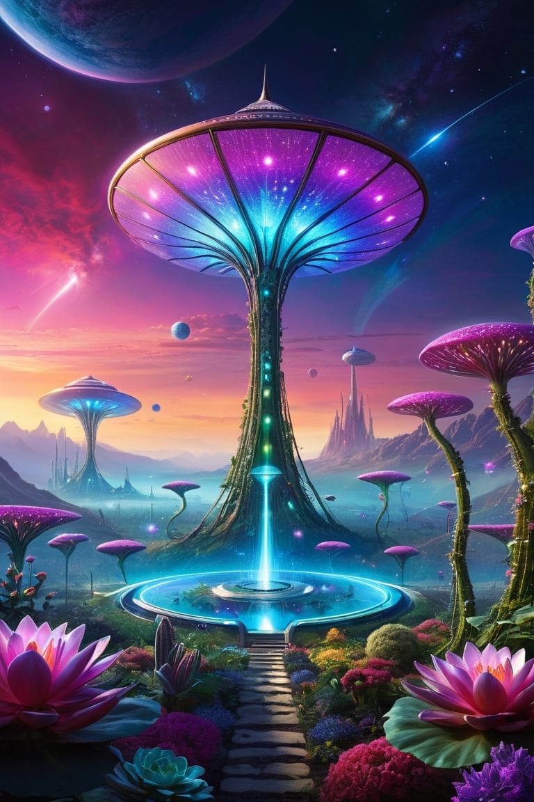 An awe-inspiring image of a cosmic garden on an alien planet, where advanced technology seamlessly integrates with otherworldly flora. The garden is illuminated by a breathtaking neon-colored sky, creating a surreal and vibrant atmosphere. Various alien plant species coexist with futuristic structures and devices, their forms merging into a harmonious symbiotic ecosystem. Hovering drones and robotic creatures can be seen tending to the garden, further emphasizing the fusion of nature and technology.