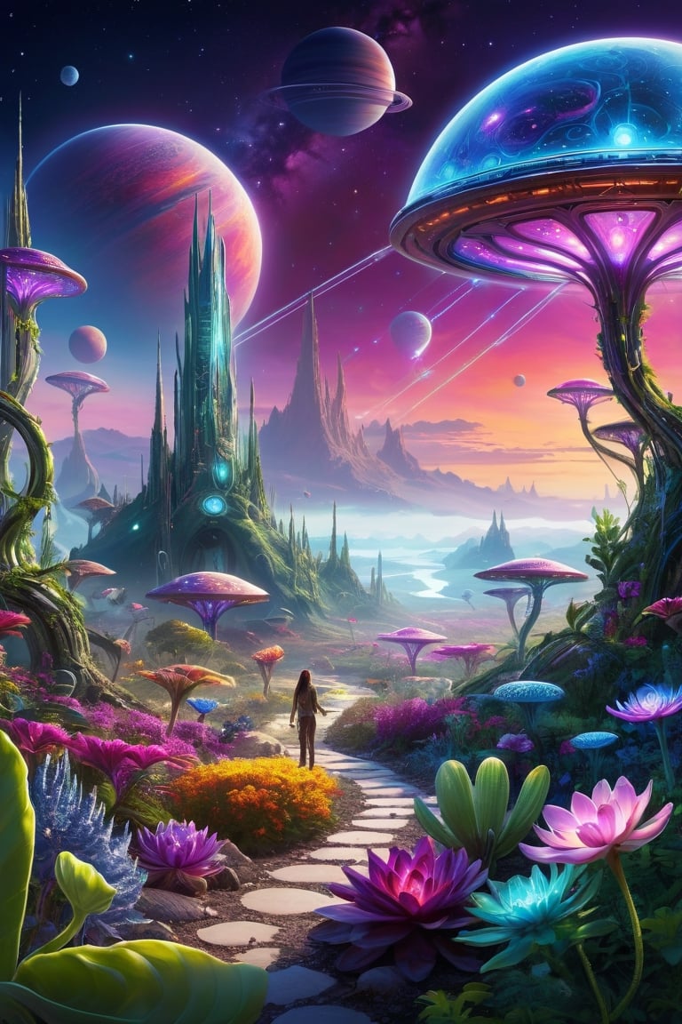 An awe-inspiring image of a cosmic garden on an alien planet, where advanced technology seamlessly integrates with otherworldly flora. The garden is illuminated by a breathtaking neon-colored sky, creating a surreal and vibrant atmosphere. Various alien plant species coexist with futuristic structures and devices, their forms merging into a harmonious symbiotic ecosystem. Hovering drones and robotic creatures can be seen tending to the garden, further emphasizing the fusion of nature and technology.
