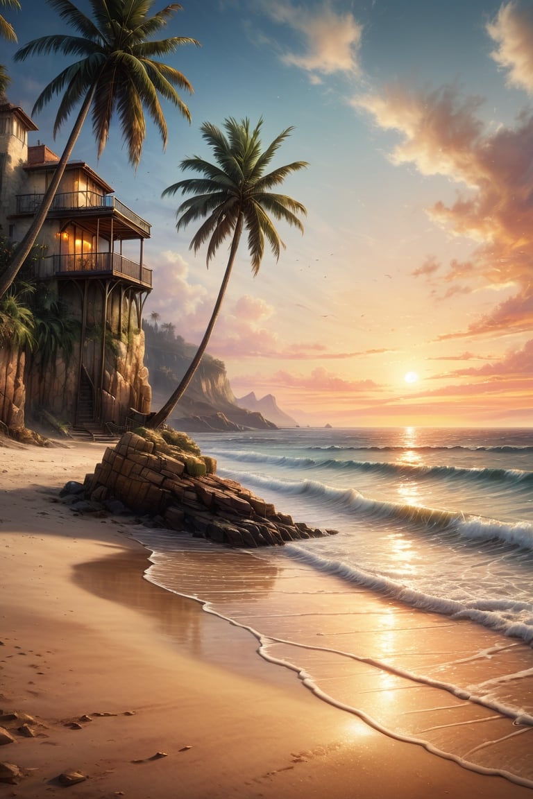 cliffbuilding, (sea bay), beach, palm tree, sunset, orange sky, cloud, (masterpiece),(ultra-detailed), (highly detailed CG illustration),(expressionless), (best quality:1.1), High quality texture, intricate details, detailed texture, High quality shadow, Cinematic Light, Depth of field, light source contrast, perspective,20s