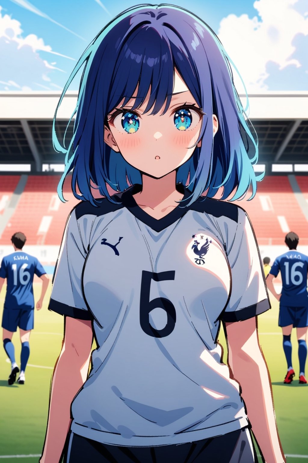 Highly detailed, High Quality, Masterpiece, beautiful, 1girl, Akane Kurokawa, Oshi No Ko,  {kurokawa_akane_oshinoko:1.15}, short hair, faded hair, medium hair, medium breast, blue hair, multicolored hair, detailed eyes, bangs, blue eyes, green eyes, soccer uniform, soccer uniform team "Tottenham Hotspur", both eyes open, soccer shoes, soccer socks, uniform color white with blue, background soccer stadium at day with crowd, in the middle of the soccer field with a soccer ball, READ DESCRIPTION, whole shot, position in front, playing soccer, detailed background