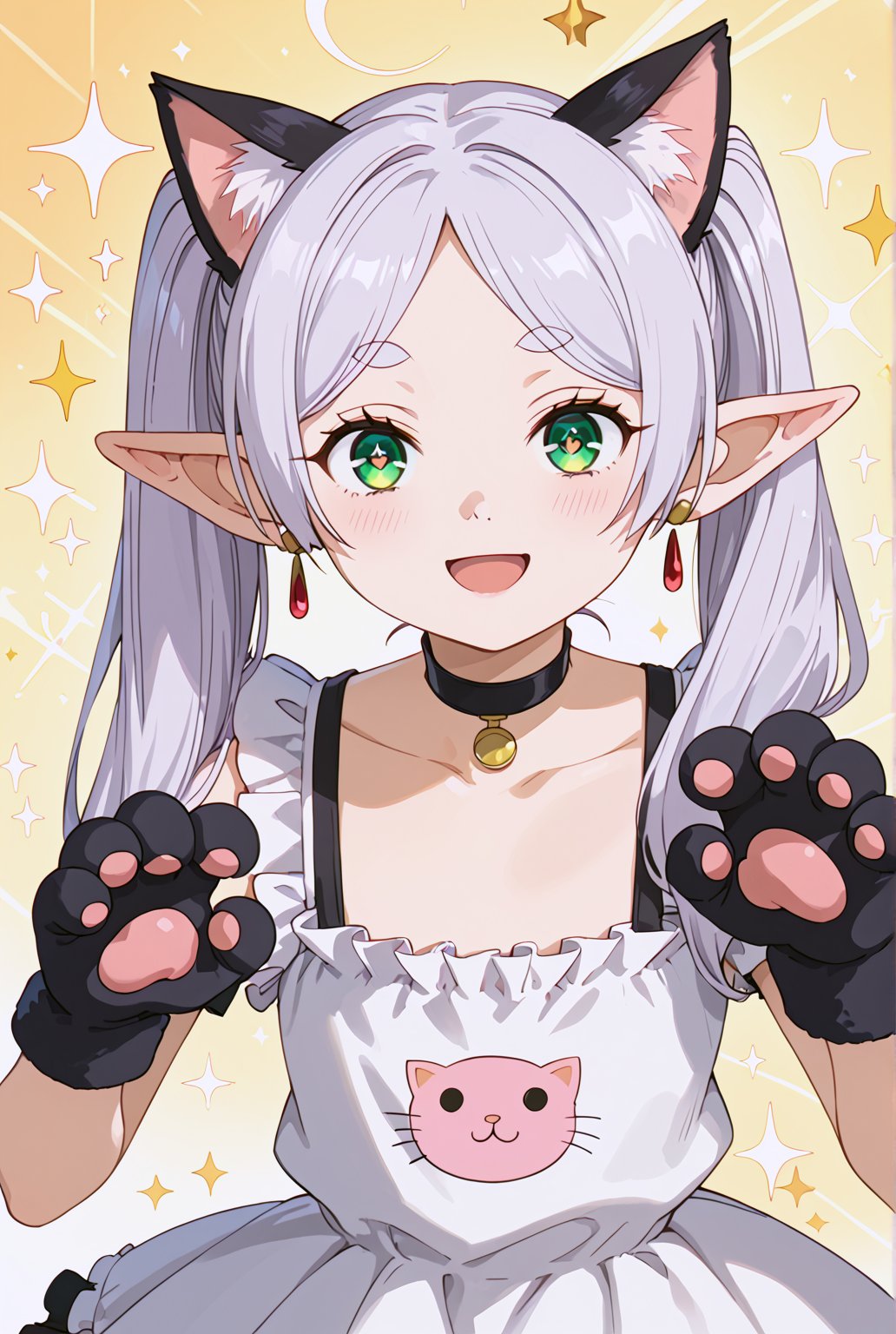 score_9, score_8_up, score_7_up, FrierenSSnF, ((masterpiece, best quality)), (hyper detailed), 1girl, solo, grey hair, long hair, green eyes, (droopy eyes:1.4), (big eyes:1.4), twintails, parted bangs, earrings, pointy ears, cat ears, cat gloves, black frilled dress, choker, cute expression, sparkle, sparkle background, sparkling eyes, star (symbol), looking at viewer, playful pose, blush, smiling, paw gesture, anime style, cat theme, detailed hair, detailed eyes, fantasy, light background, anime screencap, score_anime, (high quality, detailed, beautiful), shiny, detailed beautiful eyes, outstanding, countershading, detailed soft lighting, excited, (cowboy shot:1.4)
