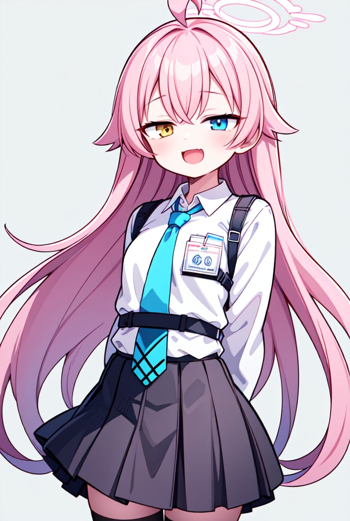 1girl, hoshino, halo, shirt, necktie, skirt, fingerless gloves, id card,(waving:1.1), :3, :d, close-up, white background, arms behind back, amber-half-eye, blue-half-eye, pink hair, heavy-lidded eyes