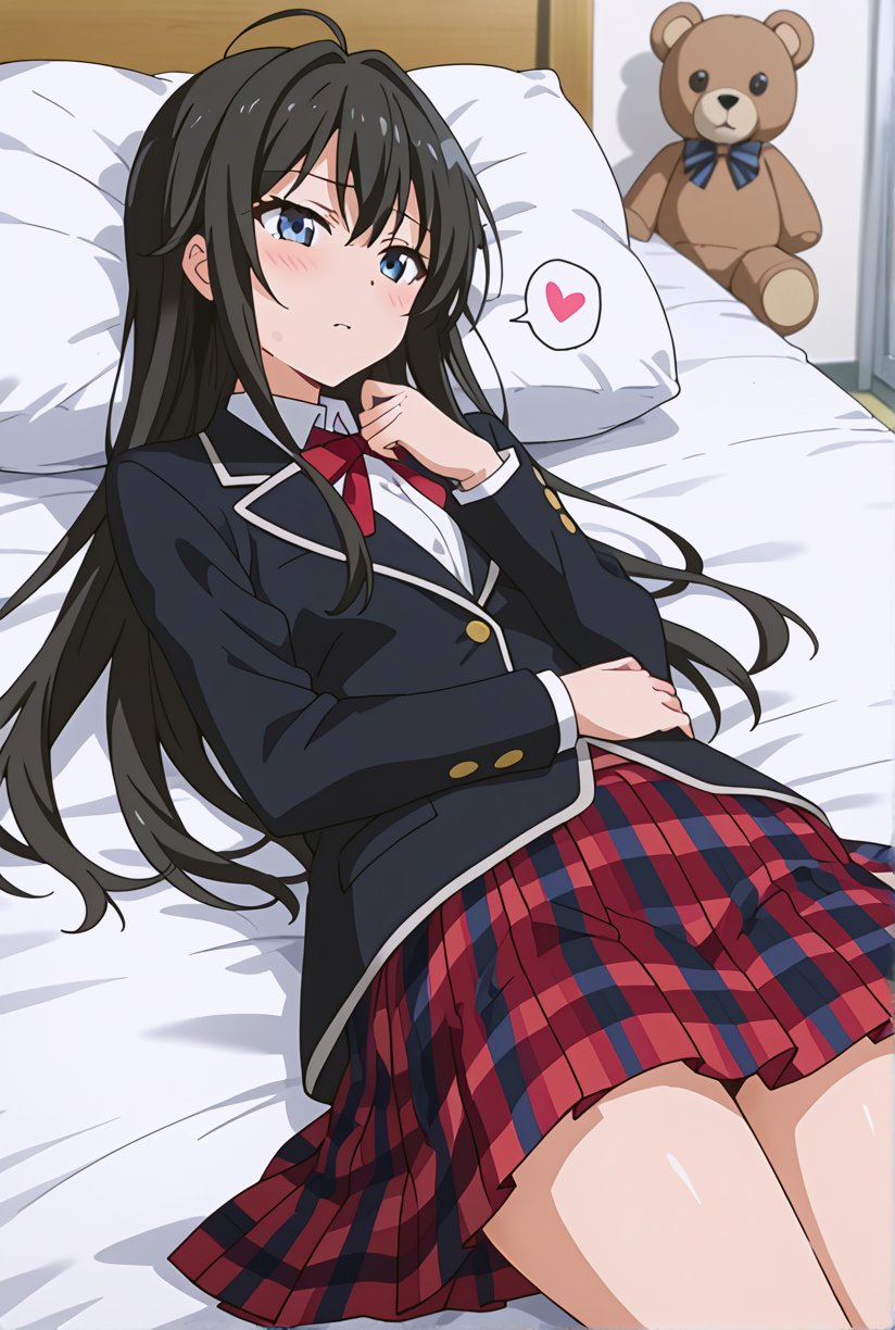 score_9, source_anime, anime screencap, anime coloring, 1girl, solo, shiyukino, long hair, black hair, blue eyes, ribbon, school uniform, hair ribbon, black jacket, plaid skirt, blazer, sobu high school uniform, (lying bed:1.4), hand resting on chest, legs slightly bent, blush, shy expression, teddy bear, relaxed atmosphere.,beautiful_female_fingers, spoken heart,