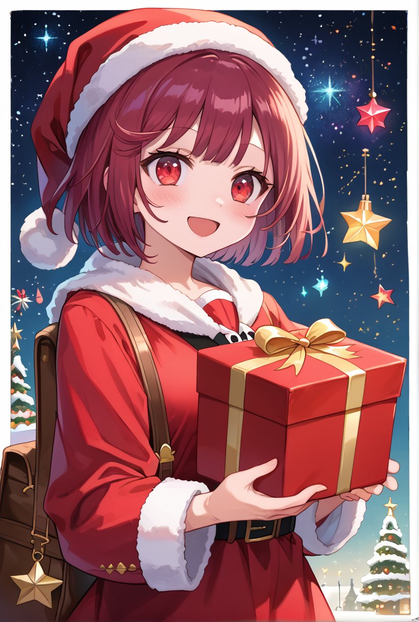 score_9, 1girl, sophieatelier, ((masterpiece, best quality)), (hyper detailed, detailed background), expressive eyes, perfect face, red santa outfit, holding red santa gift bag, simple background, white background, colorful light effects, glowing stars, festive atmosphere, magical sparkles, happy expression, short hair, blush, view from down, upper body