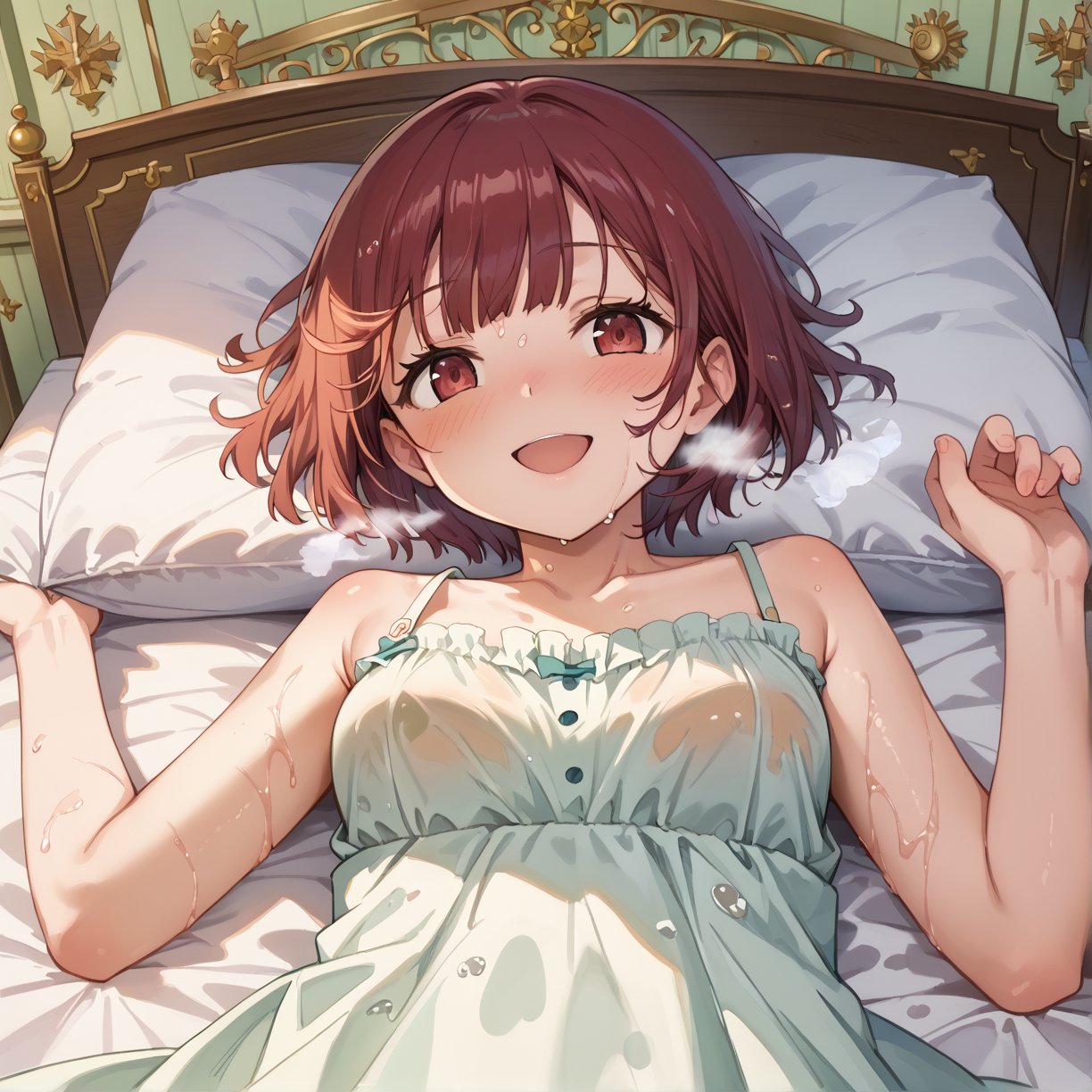 score_9, 1girl, sophieatelier, ((masterpiece, best quality)), (hyper detailed, detailed background), expressive eyes, perfect face, sundress, bed room, lying bed, short hair, blush, happy, view from down, wet, upper body, steam