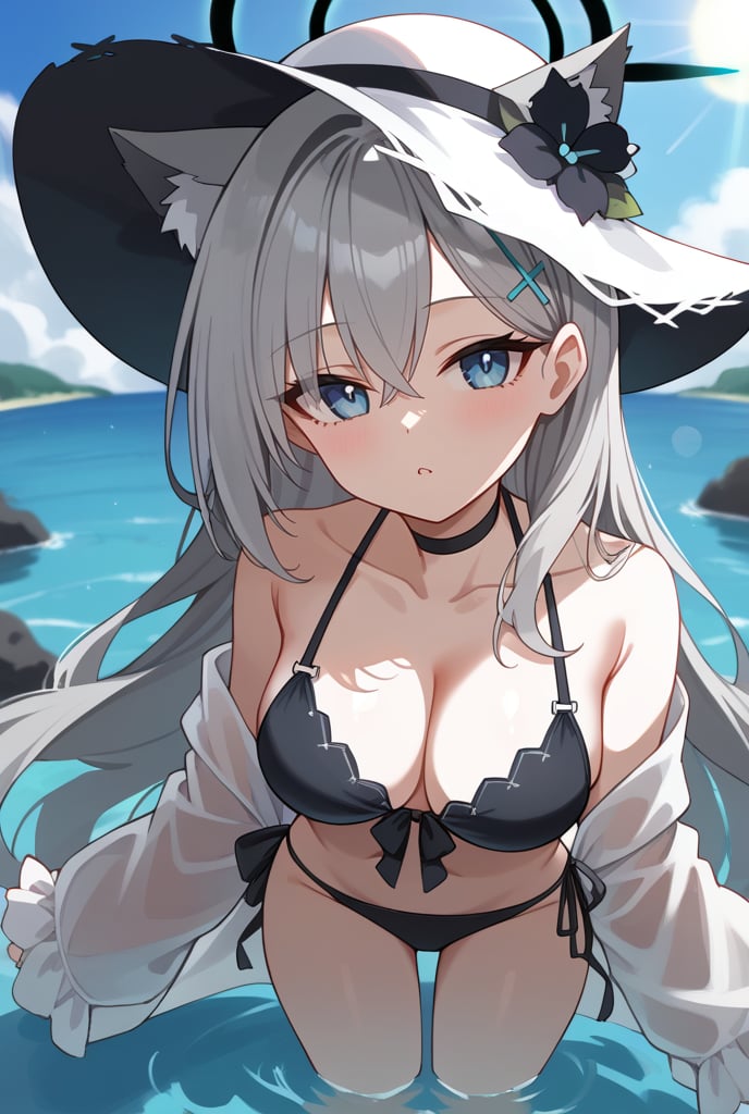 BLUE EYES, GREY HAIR, HAIRCLIP, LONG HAIR, ANIMAL EARS, HALO, BLACK CHOKER, 1girl, Black bikini, Sun hat, Flower on hat, Long silver hair, Cat ears, Halo, Hairclip, In water, Sunlight reflection, Hand on hat, Looking up, Water background, Sunny day,shiroko terror \(blue archive\)