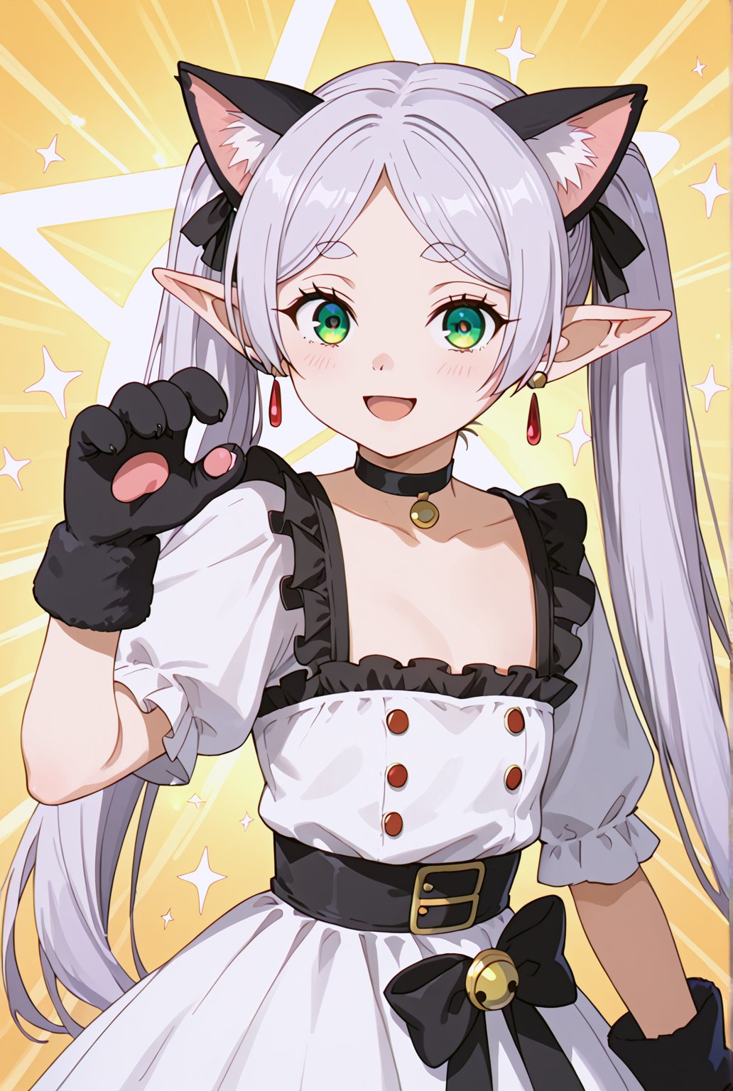 score_9, score_8_up, score_7_up, FrierenSSnF, ((masterpiece, best quality)), (hyper detailed), 1girl, solo, grey hair, long hair, green eyes, (droopy eyes:1.4), (big eyes:1.4), twintails, parted bangs, earrings, pointy ears, cat ears, cat gloves, black frilled dress, choker, cute expression, sparkle, sparkle background, sparkling eyes, star (symbol), looking at viewer, playful pose, blush, smiling, paw gesture, anime style, cat theme, detailed hair, detailed eyes, fantasy, light background, anime screencap, score_anime, (high quality, detailed, beautiful), shiny, detailed beautiful eyes, outstanding, countershading, detailed soft lighting, excited, (cowboy shot:1.4)
