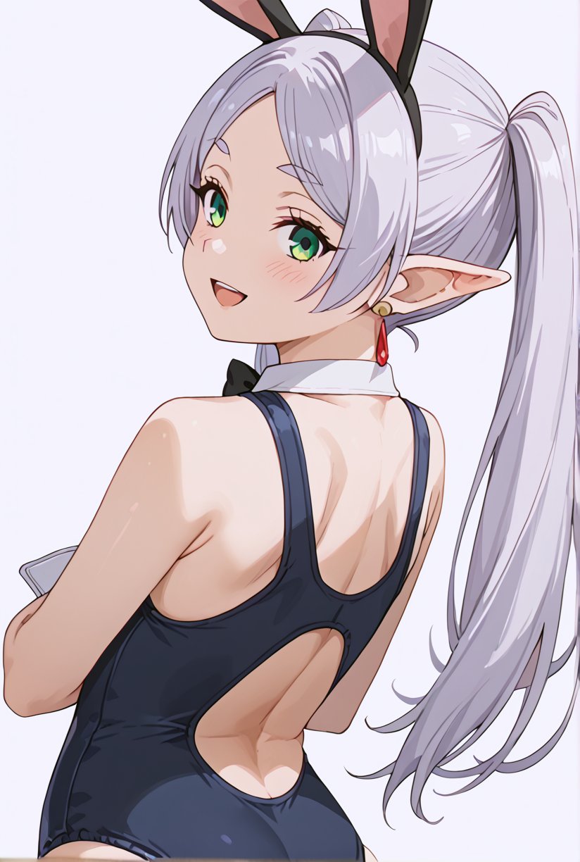 score_9, score_8_up, score_7_up, 1girl, FrierenSSnF, ((masterpiece, best quality)), (hyper detailed, clean background), solo, grey hair, long hair, green eyes, twintails, parted bangs, earrings, pointy ears, school swimsuit, black bow tie, bunny ears, cuffs, twisted torso, looking back, back view, looking at viewer, blush, smile, :d, open mouth, simple background, white background, score_anime, anime screencap,

