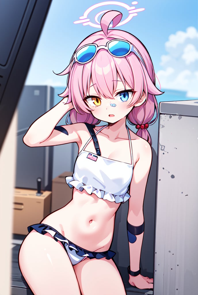 1girl, shoshino, halo, low twintails, eyewear on head, bikini,head rest,  amber-half-eye, blue-half-eye, pink hair, heavy-lidded eyes