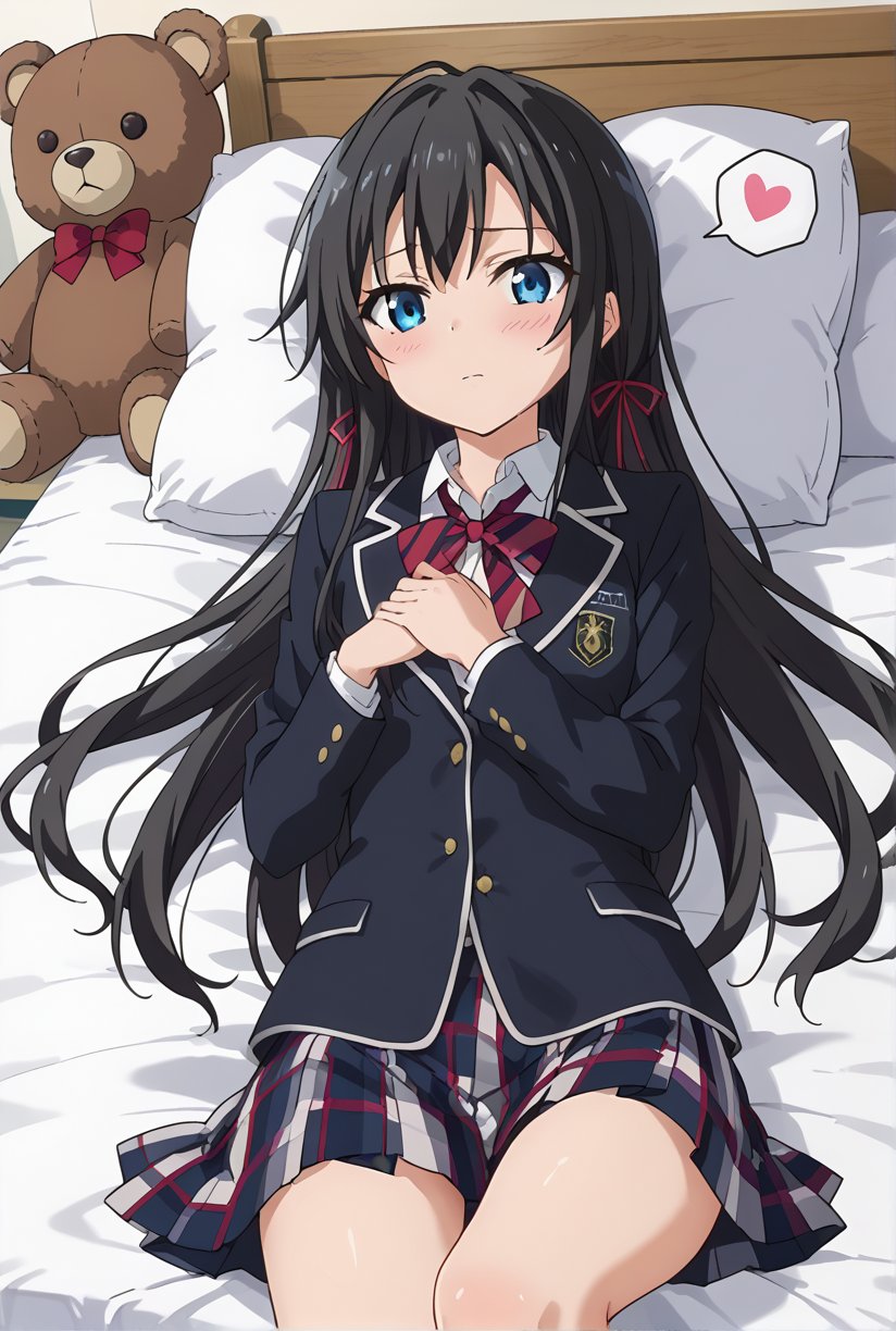 score_9, source_anime, anime screencap, anime coloring, 1girl, solo, shiyukino, long hair, black hair, blue eyes, ribbon, school uniform, hair ribbon, black jacket, plaid skirt, blazer, sobu high school uniform, (lying bed:1.4), hand resting on chest, legs slightly bent, blush, shy expression, teddy bear, relaxed atmosphere.,beautiful_female_fingers, spoken heart,