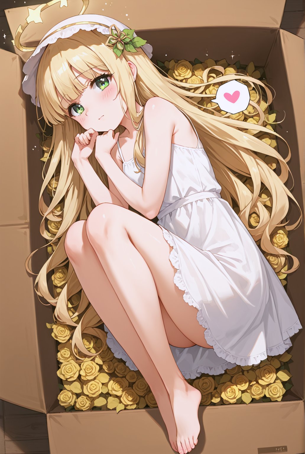 score_9, score_8_up, score_7_up, score_6_up, score_5_up, score_4_up, source_anime, 1girl, solo, lying on her side, long blonde hair, green eyes, halo, hat, shy expression, sundress, legs folded, curled up pose, lying in a coffin-like box, (in a box:1.4), comfortable but slightly playful atmosphere, sparkling particles, glowing light effects, magical atmosphere, fairy-like surroundings, furuderika_pony, indoor background, blush, happy, shy, spoken heart, beautiful finger,beautiful_female_fingers