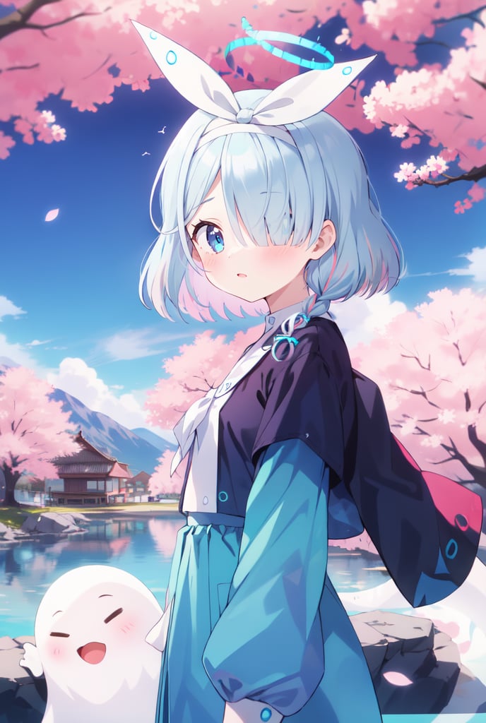 sfw, 1girl, Arona, (blue halo:1.2), blue eyes, blue hair, short hair, single braid, hair over one eye, flat chest, (white hairband:1.2), white hair bow, ghost white tunic, w arms, hillside covered in cherry blossom trees in bloom, midday lighting, idyllic and picturesque scenery, arona (blue archive)