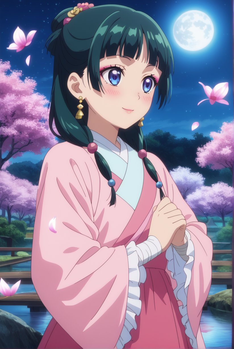 1girl, maomao, ((masterpiece, best quality)), (hyper detailed, detailed background), solo, green hair, long hair, blue eyes, BREAK blunt bangs, earrings, jewelry, looking up, night, moon, starry sky, wide sleeves, frills, frilled dress, pink dress, white frills, purple frills, pink ribbon, pink skirt, bandaged arm, straight hair, hair over shoulder, hair beads, dancer dress, pink see-through shawl, makeup, pink eyeliner, looking to the side, low twintails, full body, BREAK score_9, score_8_up, score_7_up, score_6_up, anime, BREAK (high quality, detailed, beautiful), shiny, detailed beautiful eyes, outstanding, countershading, detailed soft lighting, score_anime, anime screencap, ((upper body)), ((dynamic pose)), serene lake, reflecting moonlight, floating lotus flowers, calm waters, misty surroundings, tranquil atmosphere, happy, smile, blush