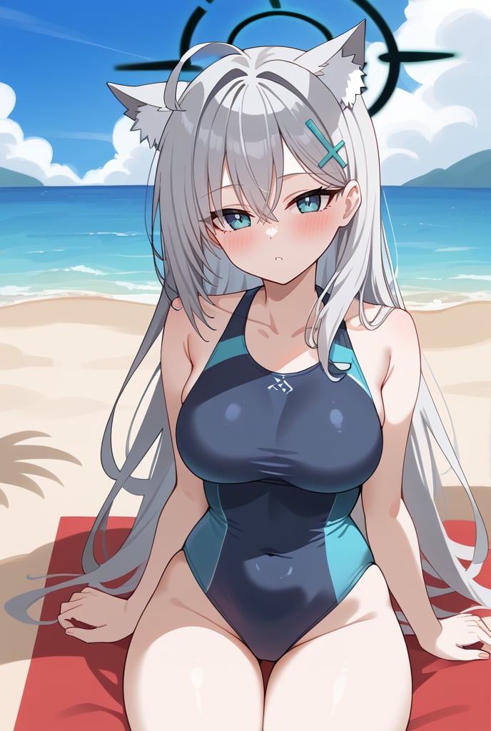 1girl, Swimsuit, One-piece swimsuit, Sitting on a dock, Beach background, Blue ocean, Sunny day, Long silver hair, Cat ears, Halo, Blush, Hairclip, Looking at viewer,shiroko terror \(blue archive\), face portrait