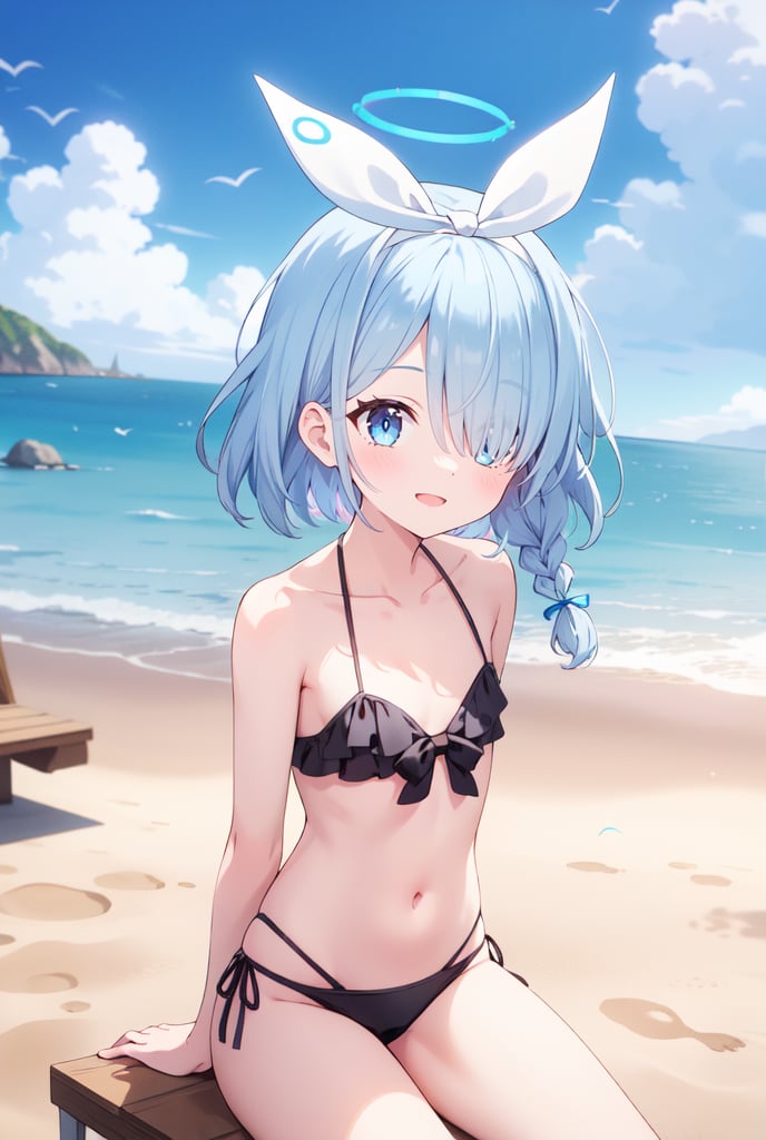 1girl, Arona, blue halo, blue eyes, blue hair, short hair, single braid, hair over one eye, flat chest, white hair bow, white hairband, black bikini, arms behind back, Beach, pier, seagulls, morning, cloudy, dynamic, scenic, arona (blue archive), dynamic pose, sitting, smile, upper body