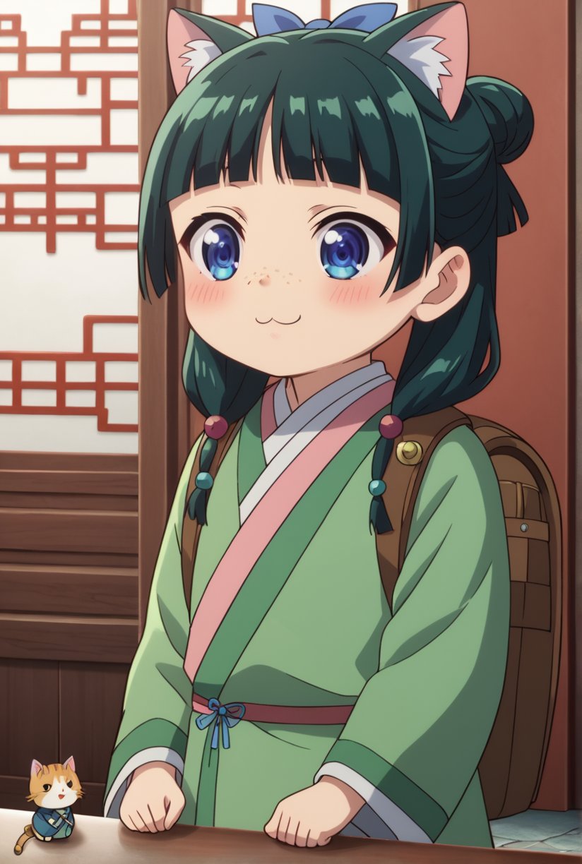 1girl, maomao, ((masterpiece, best quality)), (hyper detailed, detailed background), solo, green hair, long hair, blue eyes, BREAK :3, backpack, bag, blunt bangs, blush, cat ears, long sleeves, smile, chibi, freckles, light green hanfu, pink clothes, chinese clothes, wide sleeves, default hairstyle, hair bun, hair ribbon, blue ribbon, sidelocks, hair beads, half updo, hair over shoulder, excited, low twintails, BREAK score_9, score_8_up, score_7_up, score_6_up, anime, BREAK (high quality, detailed, beautiful), shiny, detailed beautiful eyes, outstanding, countershading, detailed soft lighting, ((Chibi character))