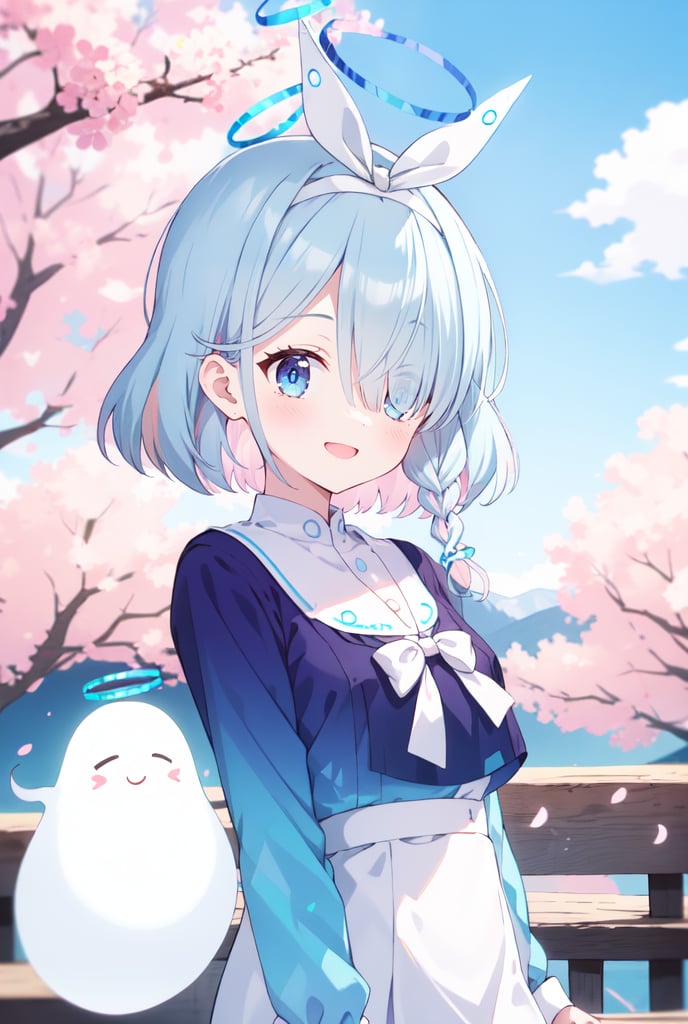 sfw, 1girl, Arona, (blue halo:1.2), blue eyes, blue hair, short hair, single braid, hair over one eye, flat chest, (white hairband:1.2), white hair bow, ghost white tunic, w arms, hillside covered in cherry blossom trees in bloom, midday lighting, idyllic and picturesque scenery, smile