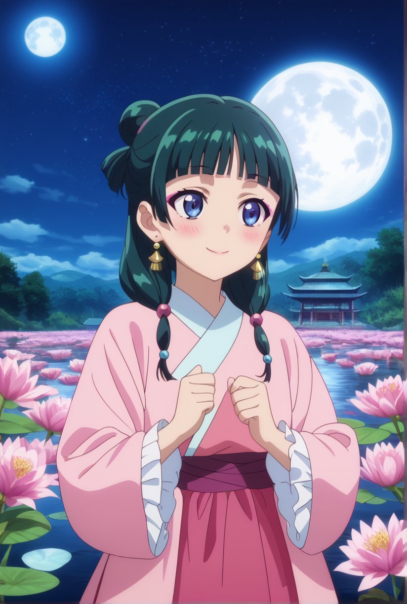 1girl, maomao, ((masterpiece, best quality)), (hyper detailed, detailed background), solo, green hair, long hair, blue eyes, BREAK blunt bangs, earrings, jewelry, looking up, night, moon, starry sky, wide sleeves, frills, frilled dress, pink dress, white frills, purple frills, pink ribbon, pink skirt, bandaged arm, straight hair, hair over shoulder, hair beads, dancer dress, pink see-through shawl, makeup, pink eyeliner, looking to the side, low twintails, full body, BREAK score_9, score_8_up, score_7_up, score_6_up, anime, BREAK (high quality, detailed, beautiful), shiny, detailed beautiful eyes, outstanding, countershading, detailed soft lighting, score_anime, anime screencap, ((upper body)), ((dynamic pose)), serene lake, reflecting moonlight, floating lotus flowers, calm waters, misty surroundings, tranquil atmosphere, happy, smile, blush