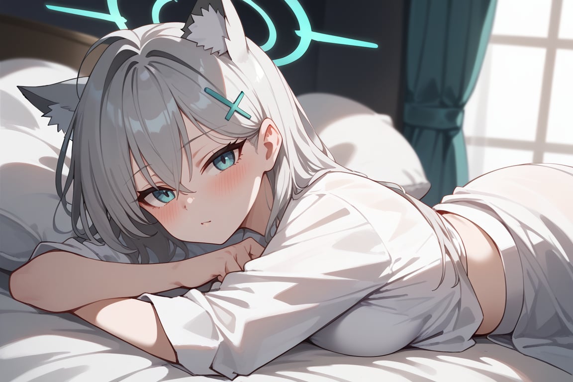 1girl, Lying on bed, White shirt, Blushing, Long silver hair, Cat ears, Halo, Hairclip, Looking at viewer, Bedroom background,shiroko terror \(blue archive\),score_9, score_8_up, score_7_up, score_6_up, score_5_up, score_4_up,