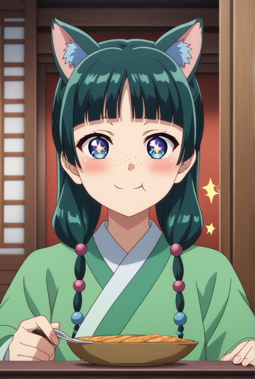 1girl, maomao, ((masterpiece, best quality)), (hyper detailed, detailed background), solo, green hair, long hair, blue eyes, maomao, animal ears, blunt bangs, shaded face, freckles, BREAK + +, ^^^, parkle, sparkle background, star (symbol), symbol-shaped pupils, sparkling eyes, light green hanfu, default clothes, chinese clothes, long sleeves, default hairstyle, hair ribbon, blue ribbon, sidelocks, hair beads, hair over shoulder, low twintails, anime, (high quality, detailed, beautiful), shiny, detailed beautiful eyes, outstanding, countershading, detailed soft lighting, smiling, eating foods, calm expression, seated in traditional Chinese room, wooden table, background with sliding doors and traditional curtains, warm lighting, peaceful atmosphere, lightly blushed cheeks, mid-bite, slightly tilted head, shiny