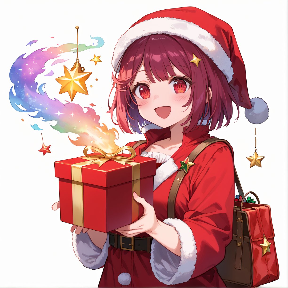 score_9, 1girl, sophieatelier, ((masterpiece, best quality)), (hyper detailed, detailed background), expressive eyes, perfect face, red santa outfit, holding red santa gift bag, simple background, white background, colorful light effects, glowing stars, festive atmosphere, magical sparkles, happy expression, short hair, blush, view from down, upper body, steam