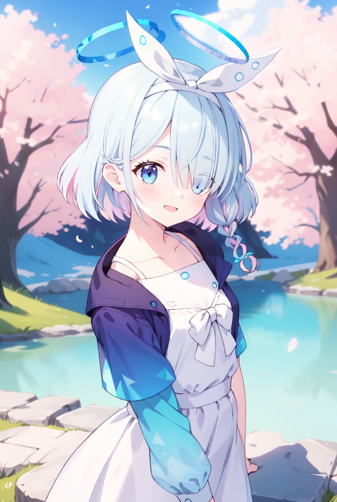 sfw, 1girl, Arona, (blue halo:1.2), blue eyes, blue hair, short hair, single braid, hair over one eye, flat chest, (white hairband:1.2), white hair bow, ghost white tunic, w arms, hillside covered in cherry blossom trees in bloom, midday lighting, idyllic and picturesque scenery, smile