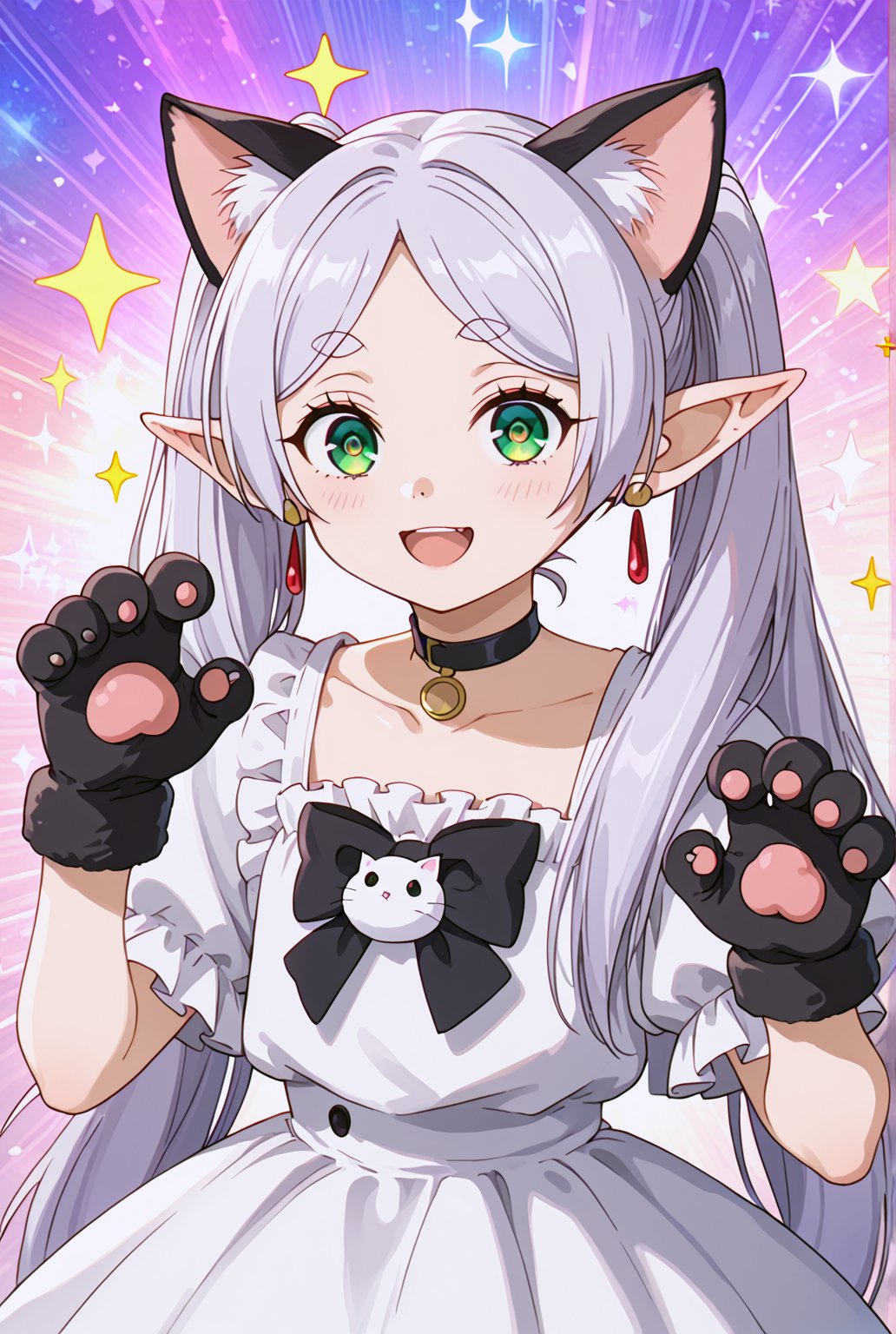 score_9, score_8_up, score_7_up, FrierenSSnF, ((masterpiece, best quality)), (hyper detailed), 1girl, solo, grey hair, long hair, green eyes, (droopy eyes:1.4), (big eyes:1.4), twintails, parted bangs, earrings, pointy ears, cat ears, cat gloves, black frilled dress, choker, cute expression, sparkle, sparkle background, sparkling eyes, star (symbol), looking at viewer, playful pose, blush, smiling, paw gesture, anime style, cat theme, detailed hair, detailed eyes, fantasy, light background, anime screencap, score_anime, (high quality, detailed, beautiful), shiny, detailed beautiful eyes, outstanding, countershading, detailed soft lighting, excited, (cowboy shot:1.4)
